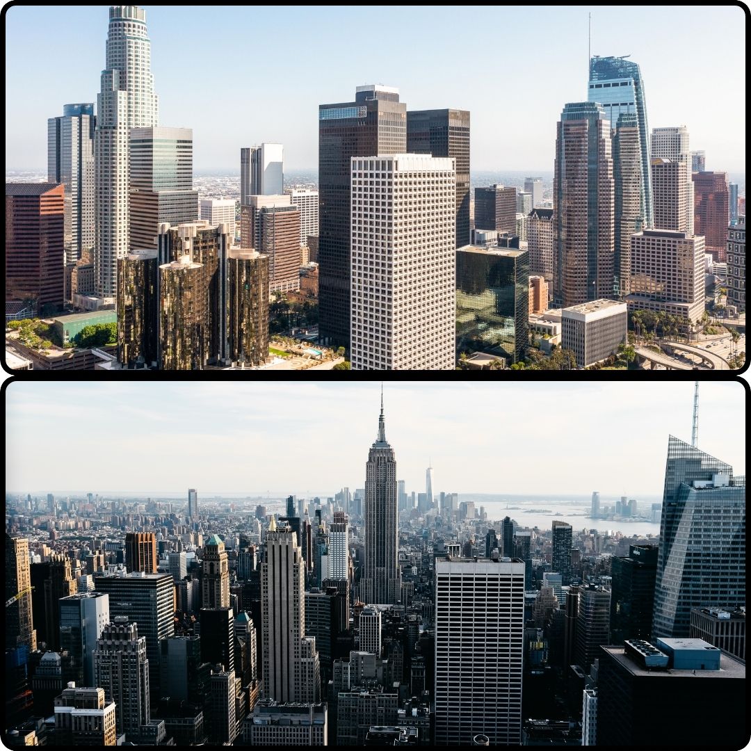  Aerial pictures of Los Angeles (top) and New York City (bottom). (Photo illustration by Laryn Godbold)