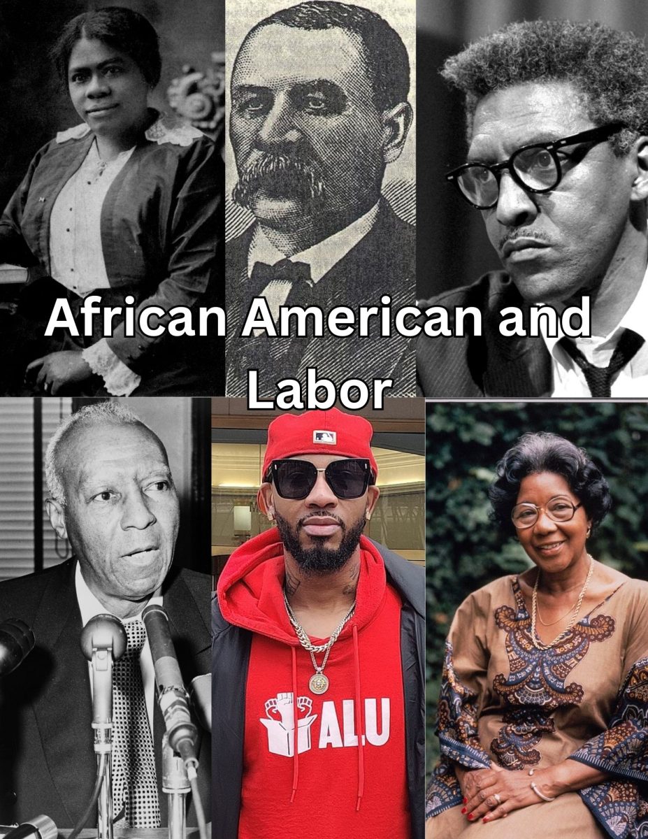 Six prominent Black Labor Leaders; Top Row, Left to Right: Mary Mcleod Bethune, Isaac Myers, Bayard Rustin; Bottom Row, Left to Right: A. Phillip Randolph, Chris Smalls, Maida Springer Kemp. (Photo Illustration by Laryn Godbold)