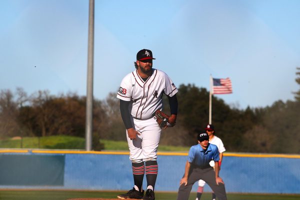 American River College pitcher Nathan Gahn on the mound in the 13-3 defeat to San Joaquin Delta on February 25, 2025 (Photo by Elisha Chandra)