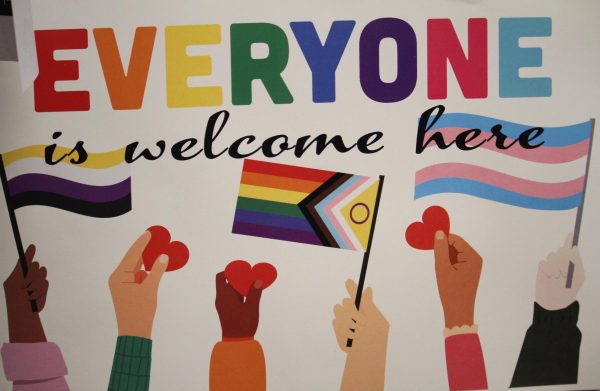  An "Everyone is Welcome here" sign displayed in the American River College Pride Center, a sentiment shared by Sara Smith-Silverman in the Introduction to LGBTQ+ Studies course (Photo by Ly Clark)