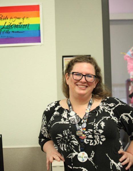  Liz Geisser in the Unite Center with a smile for any who come by on Feb. 4, 2024. (Photo by Ly Clark)