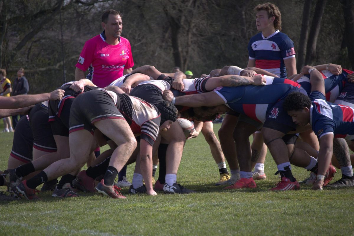 ARC Rugby lines up for a scrum against Chico State on February 15. (Photo by Memphis Coles).